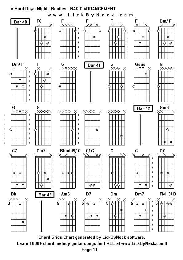 Chord Grids Chart of chord melody fingerstyle guitar song-A Hard Days Night - Beatles - BASIC ARRANGEMENT,generated by LickByNeck software.